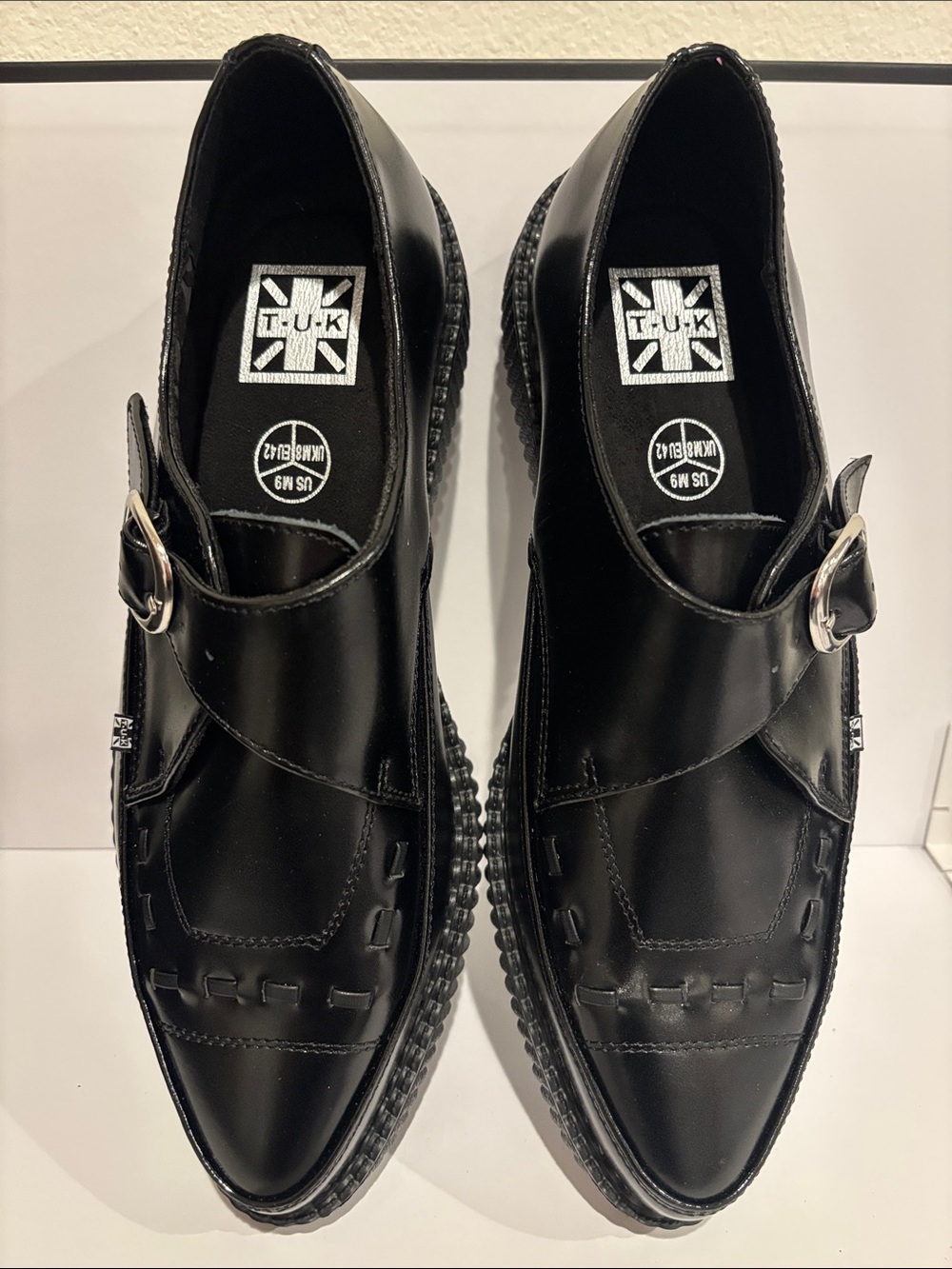 T.U.K. Black TUKskin Pointed Buckle Monk Strap Creepers - Size Men 9